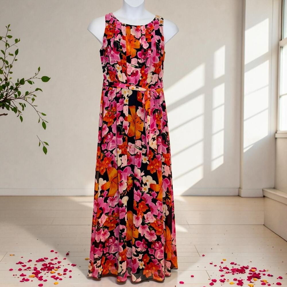 Eliza J Floral Maxi Dress XL Pink Orange Resort Wedding Guest Belted Sleeveless - Picture 2 of 10